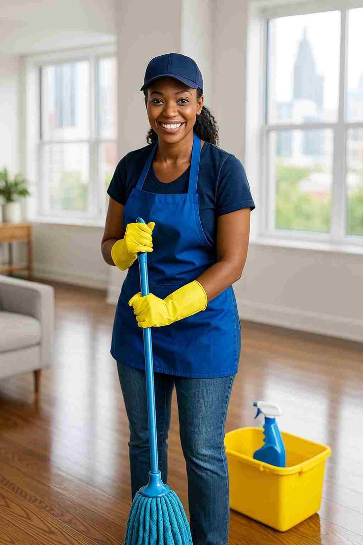 Professional cleaner with mop and cleaning supplies