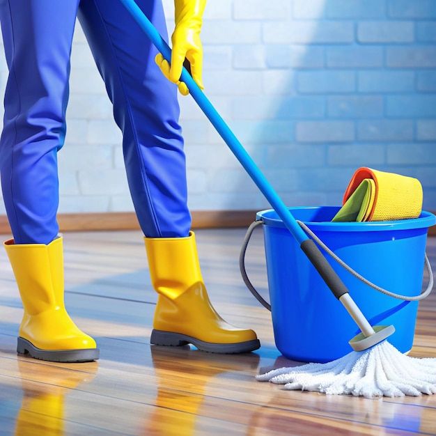 Professional floor cleaning with mop and bucket